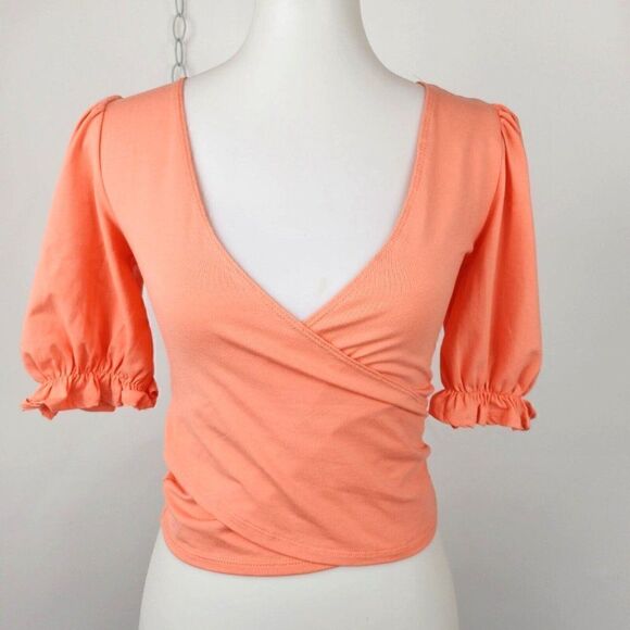 Forever 21 Knit Melon Cropped Wrap Short Puff Sleeve Top Womens S - Picture 1 of 4